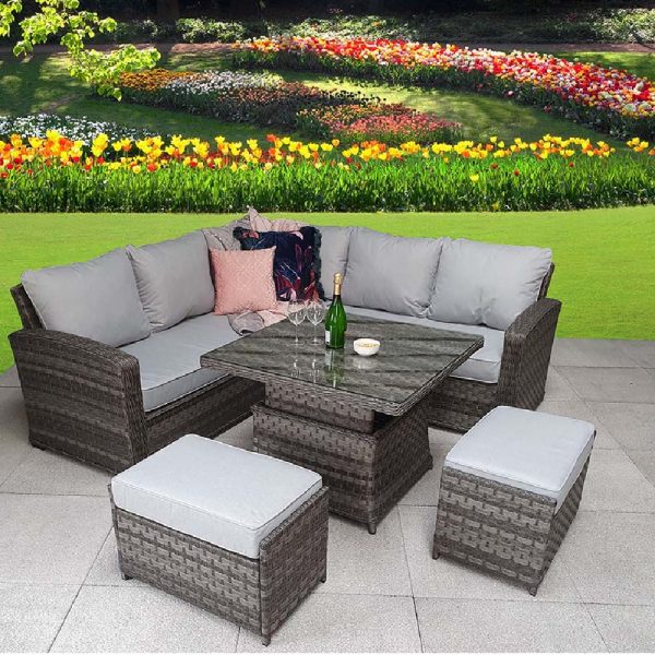 Gizeh Glass Top Garden Lift Up Dining Set With 2 Ottomans In Grey | Bed Sava