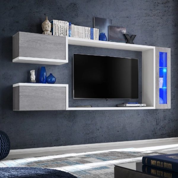 Glenview Wooden Entertainment Unit In Concrete Grey With LED | Bed Sava
