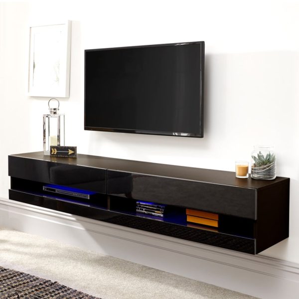 Goole Medium Wall Hung High Gloss TV Stand In Black With LED | Bed Sava