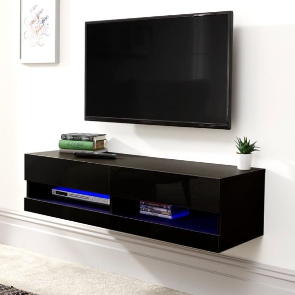 Goole Small Wall Hung High Gloss TV Stand In Black With LED | Bed Sava