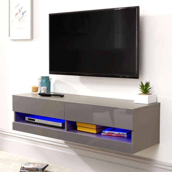 Goole Small Wall Hung High Gloss TV Stand In Grey With LED | Bed Sava