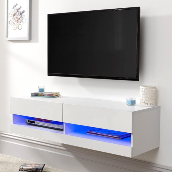 Goole Small Wall Hung High Gloss TV Stand In White With LED | Bed Sava