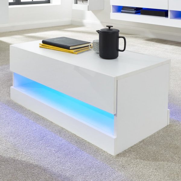 Goole Wooden Coffee Table In White With LED | Bed Sava