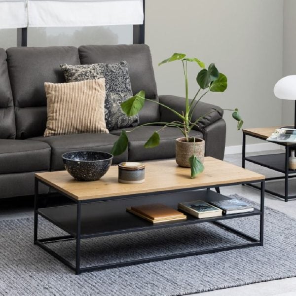 Goshen Wooden Coffee Table Rectangular With 1 Shelf In Oak | Bed Sava