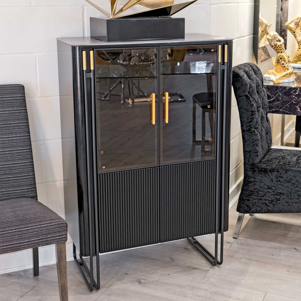 Groton Tall Marble Top Storage Cabinet 4 Doors In Black And Gold