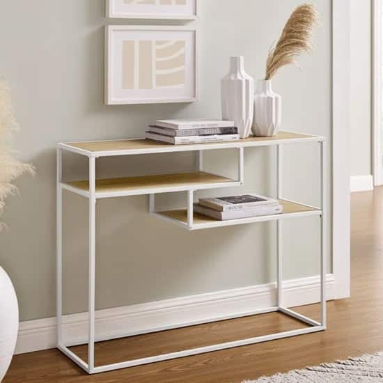 Groton Wooden Console Table With Shelves In Coastal Oak