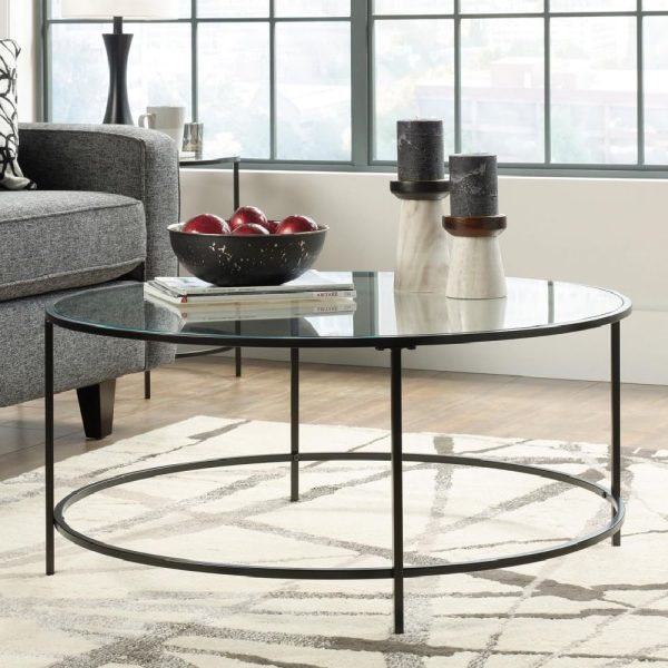 Hamlet Clear Glass Round Coffee Table With Black Metal Frame | Bed Sava