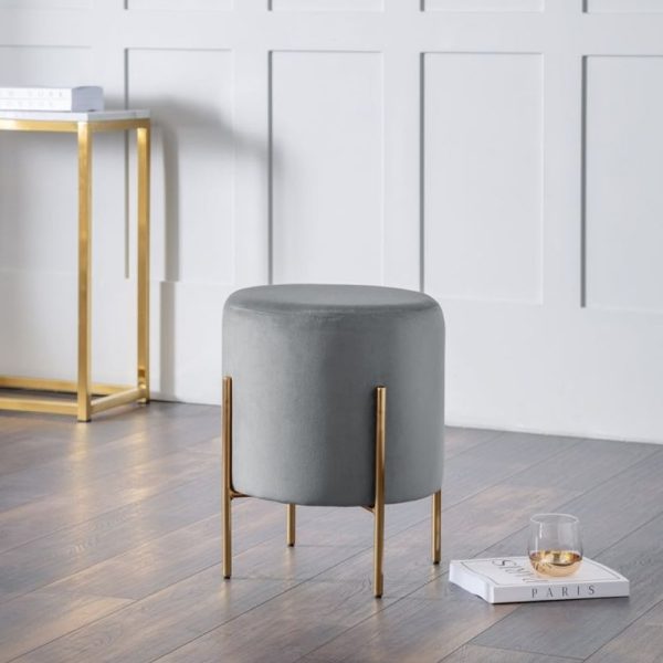 Halle Velvet Stool With Gold Legs In Light Grey | Bed Sava