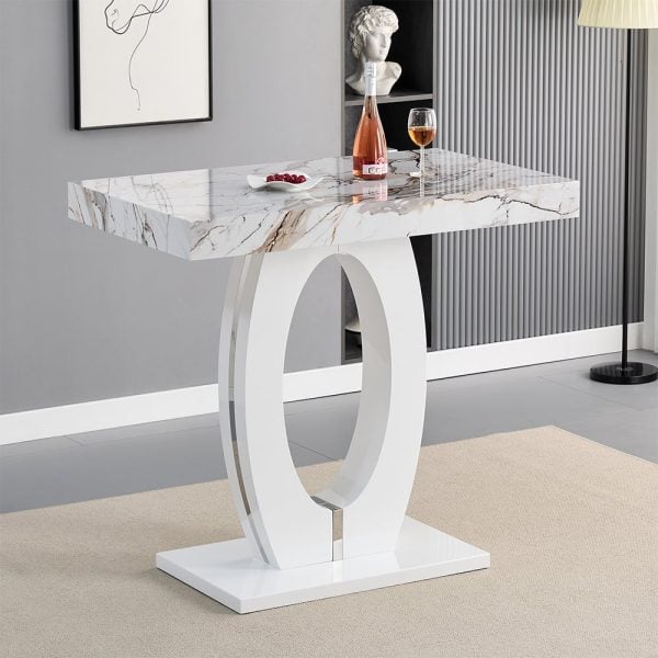 Halo High Gloss Bar Table In White And Milo Marble Effect | Bed Sava
