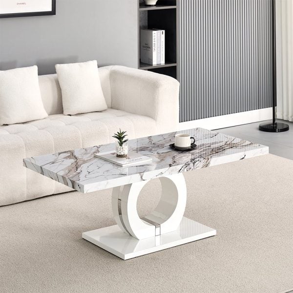 Halo High Gloss Coffee Table In White And Milo Marble Effect | Bed Sava
