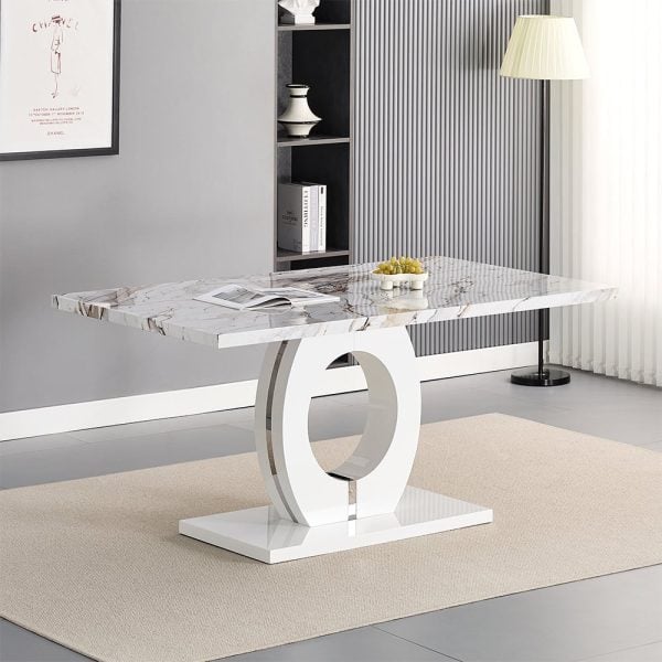 Halo High Gloss Dining Table In White And Milo Marble Effect | Bed Sava