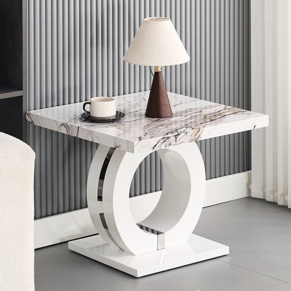 Halo High Gloss Lamp Table In White And Milo Marble Effect | Bed Sava