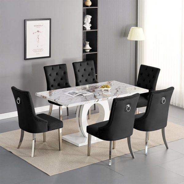 Halo Milo Marble Effect Dining Table 6 Imperial Black Chairs | Bed Sava