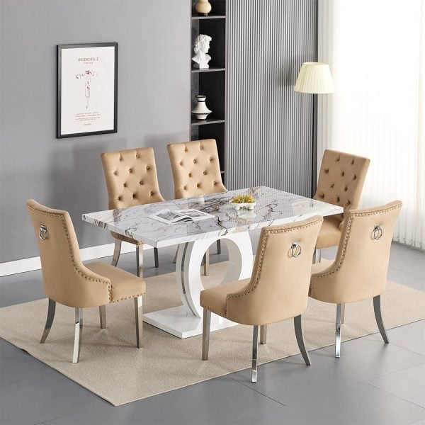 Halo Milo Marble Effect Dining Table 6 Imperial Champagne Chairs | Bed Sava