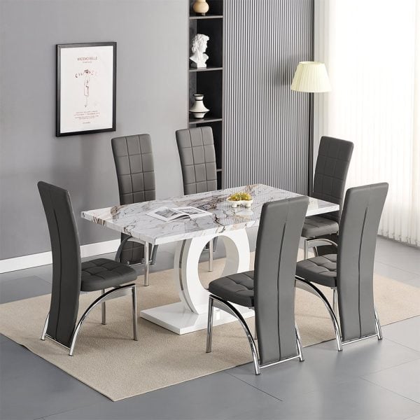 Halo Milo Marble Effect Dining Table 6 Ravenna Grey Chairs | Bed Sava