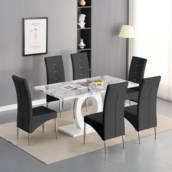 Halo Milo Marble Effect Dining Table 6 Vesta Black Chairs | Bed Sava
