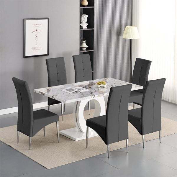 Halo Milo Marble Effect Dining Table 6 Vesta Grey Chairs | Bed Sava