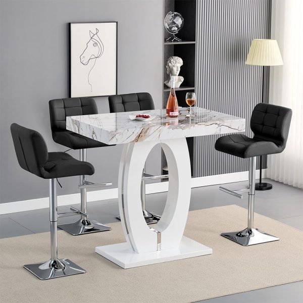 Halo Milo Marble Effect Bar Table With 4 Candid Black Stools | Bed Sava