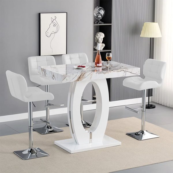 Halo Milo Marble Effect Bar Table With 4 Candid White Stools | Bed Sava