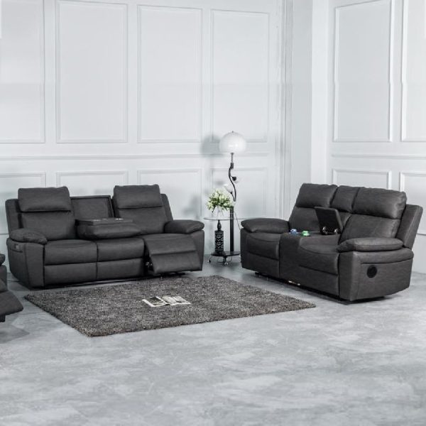 Hanford Fabric Electric Recliner 3+2 Seater Sofa Set In Dark Grey | Bed Sava