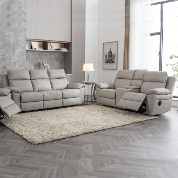 Hanford Fabric Electric Recliner 3+2 Seater Sofa Set In Silver Grey | Bed Sava