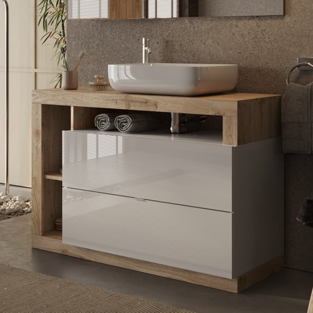 Hanmer 110cm White Gloss Floor Standing Vanity Unit In Cadiz Oak