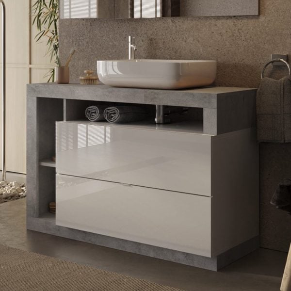Hanmer 110cm White Gloss Floor Standing Vanity Unit In Cement | Bed Sava