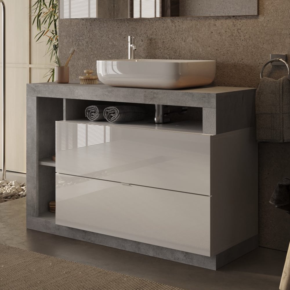 Hanmer 110cm White Gloss Floor Standing Vanity Unit In Cement