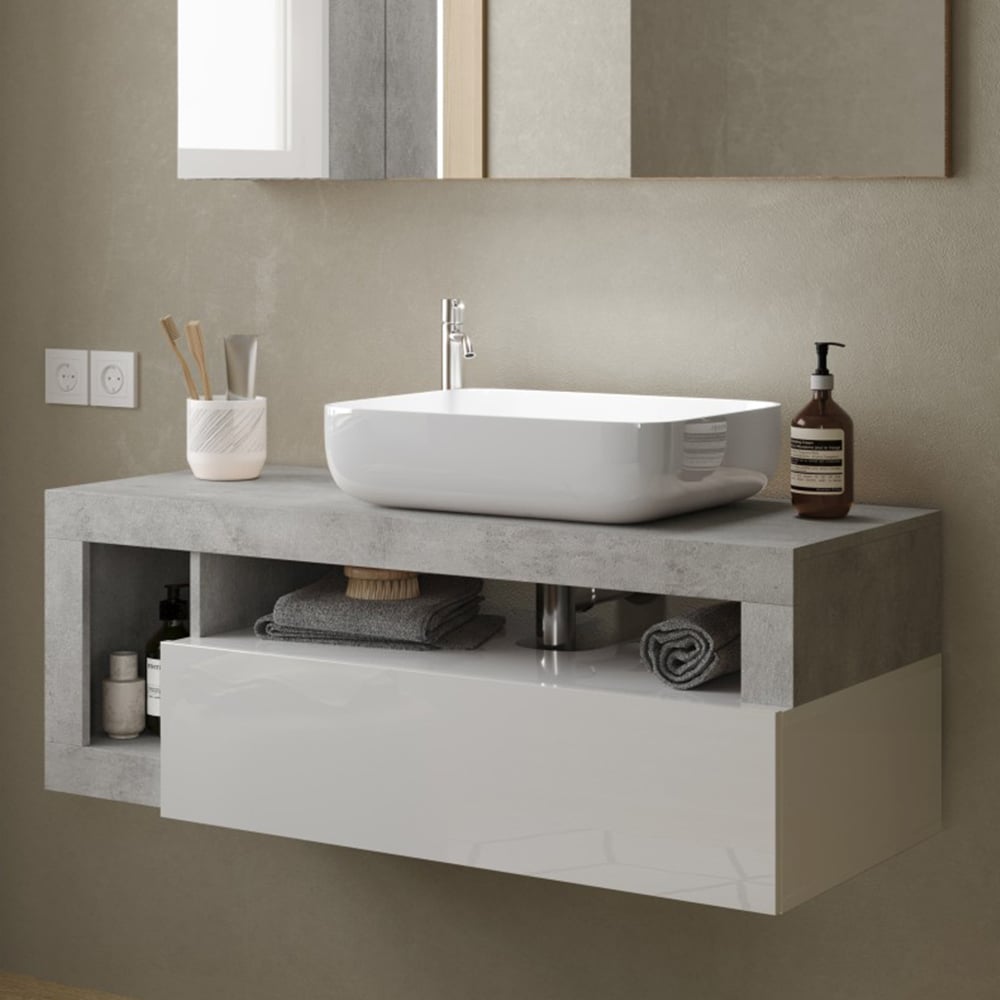 Hanmer 110cm White Gloss Wall Hung Vanity Unit In Cement