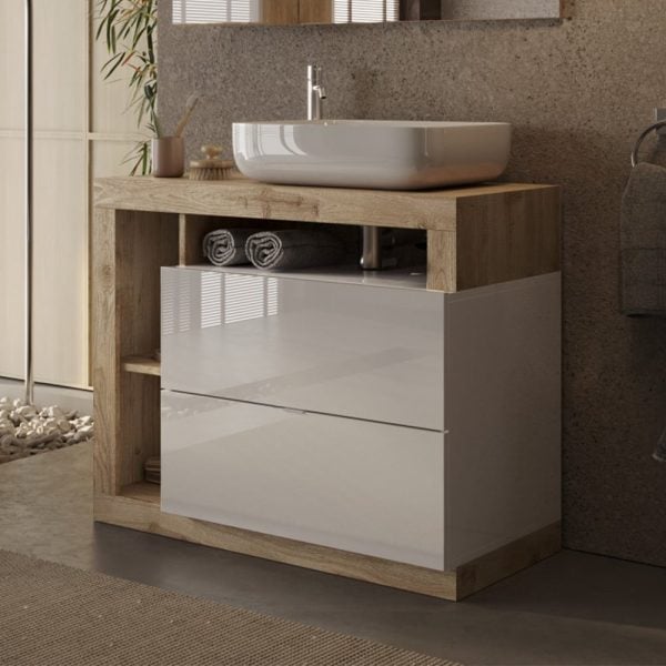 Hanmer 92cm White Gloss Floor Standing Vanity Unit In Cadiz Oak | Bed Sava