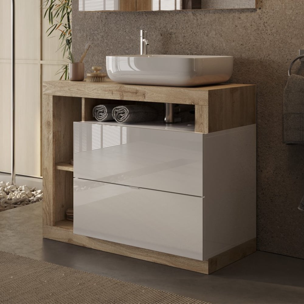 Hanmer 92cm White Gloss Floor Standing Vanity Unit In Cadiz Oak