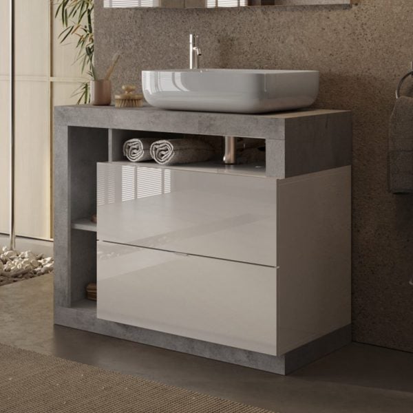 Hanmer 92cm White Gloss Floor Standing Vanity Unit In Cement | Bed Sava