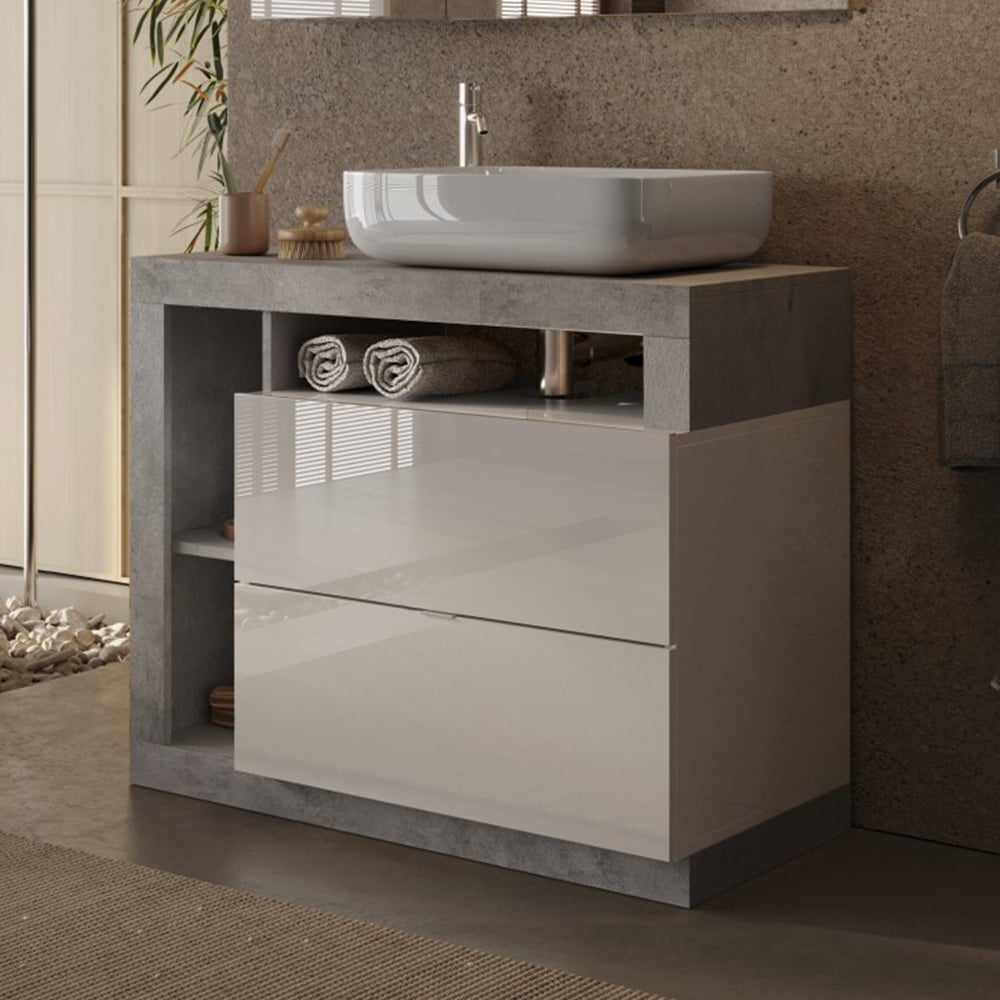 Hanmer 92cm White Gloss Floor Standing Vanity Unit In Cement