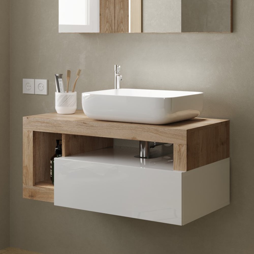 Hanmer 92cm White Gloss Wall Hung Vanity Unit In Cadiz Oak