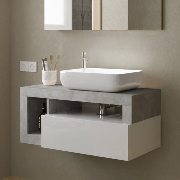 Hanmer 92cm White Gloss Wall Hung Vanity Unit In Cement | Bed Sava