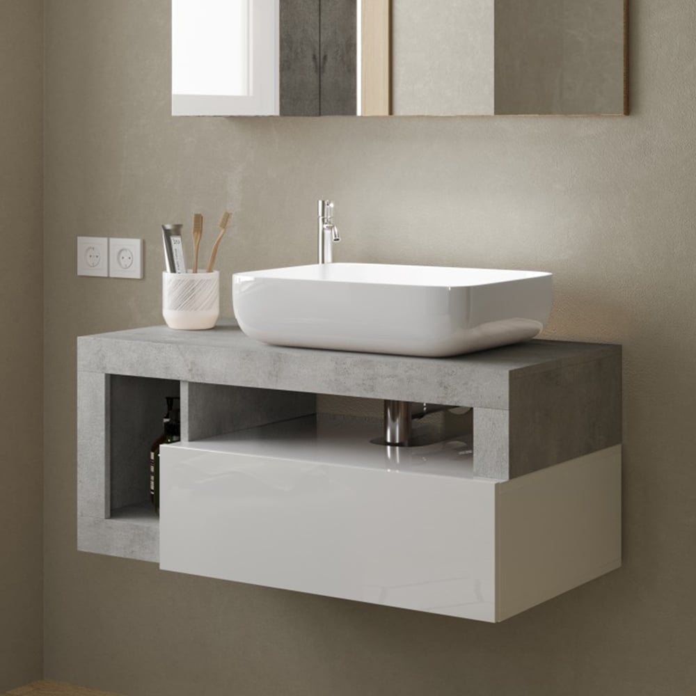 Hanmer 92cm White Gloss Wall Hung Vanity Unit In Cement