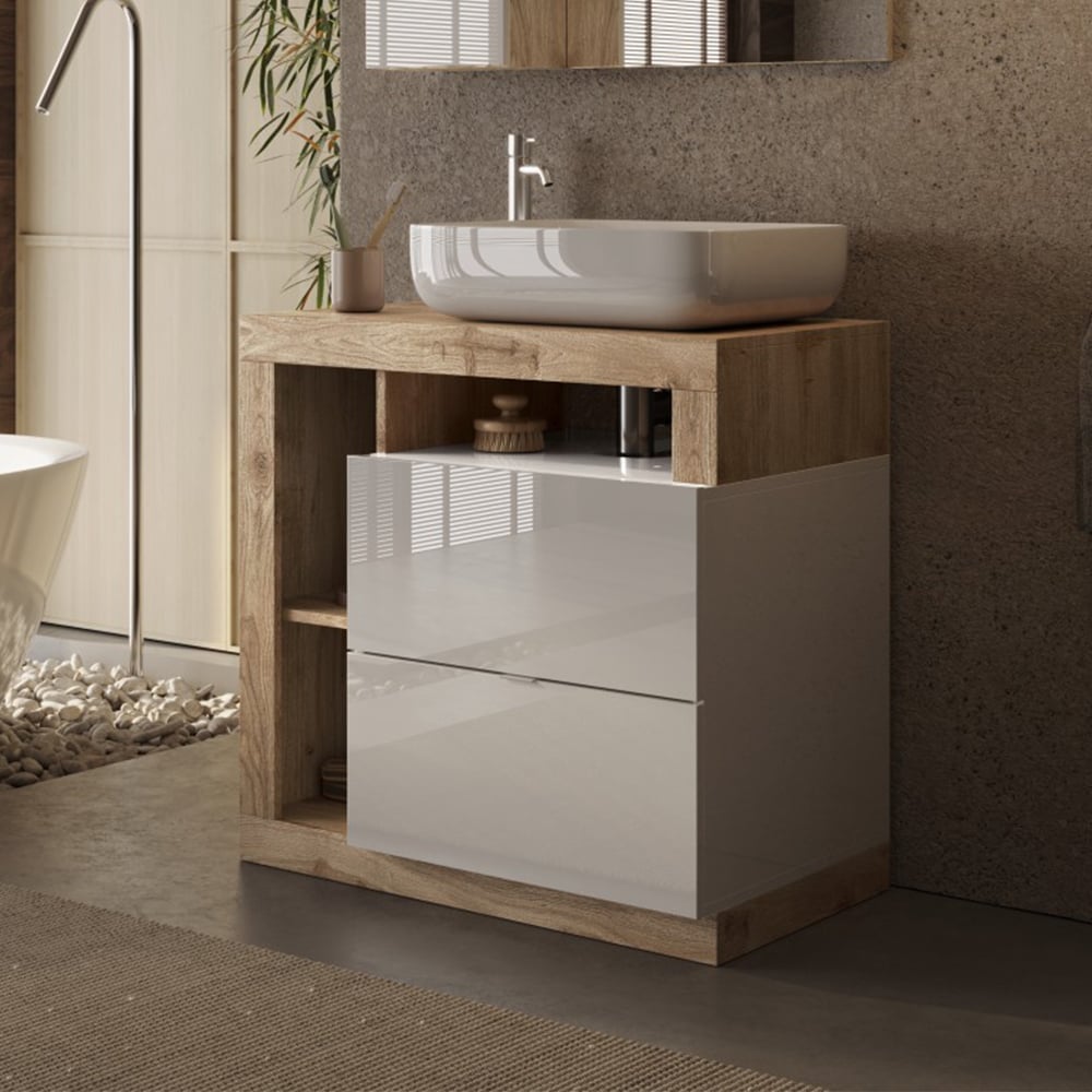 Hanmer 78cm White Gloss Floor Standing Vanity Unit In Cadiz Oak
