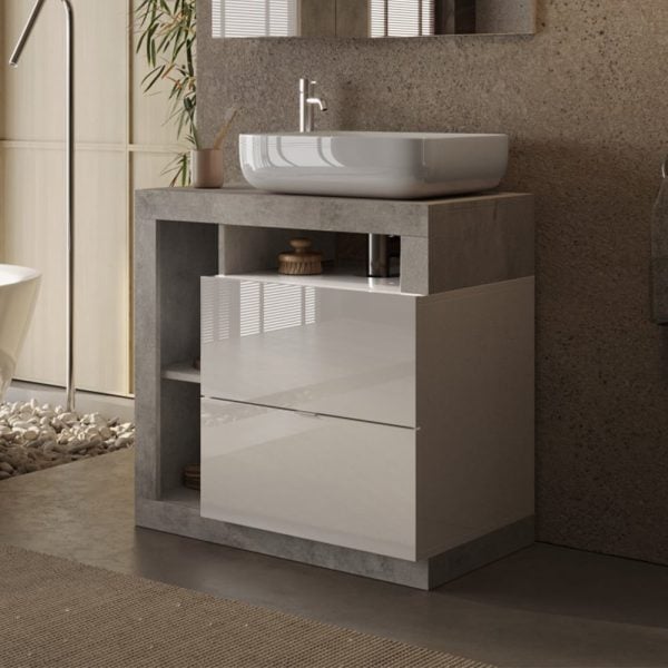 Hanmer 78cm White Gloss Floor Standing Vanity Unit In Cement | Bed Sava