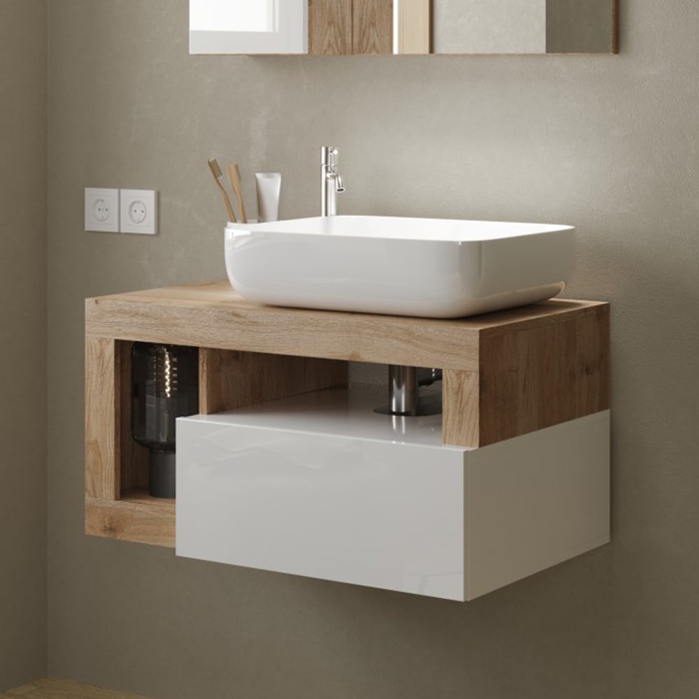 Hanmer 78cm White Gloss Wall Hung Vanity Unit In Cadiz Oak