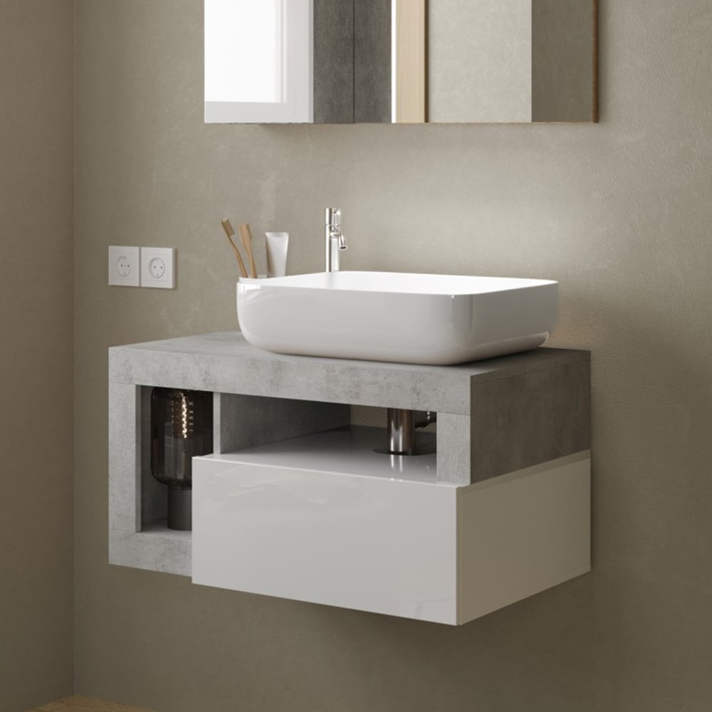 Hanmer 78cm White Gloss Wall Hung Vanity Unit In Cement