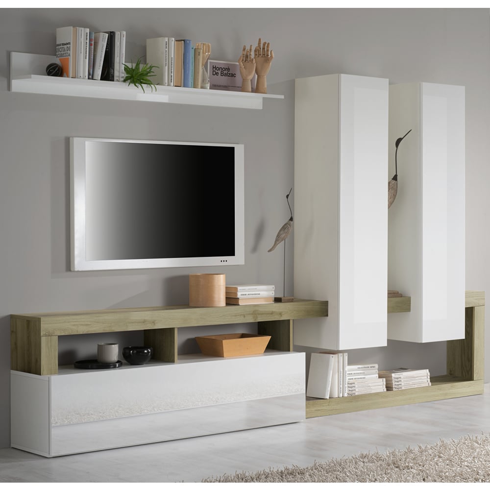 Hanmer Large White Gloss Entertainment Wall Unit In Cadiz Oak