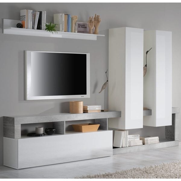 Hanmer Large White Gloss Entertainment Wall Unit In Cement | Bed Sava