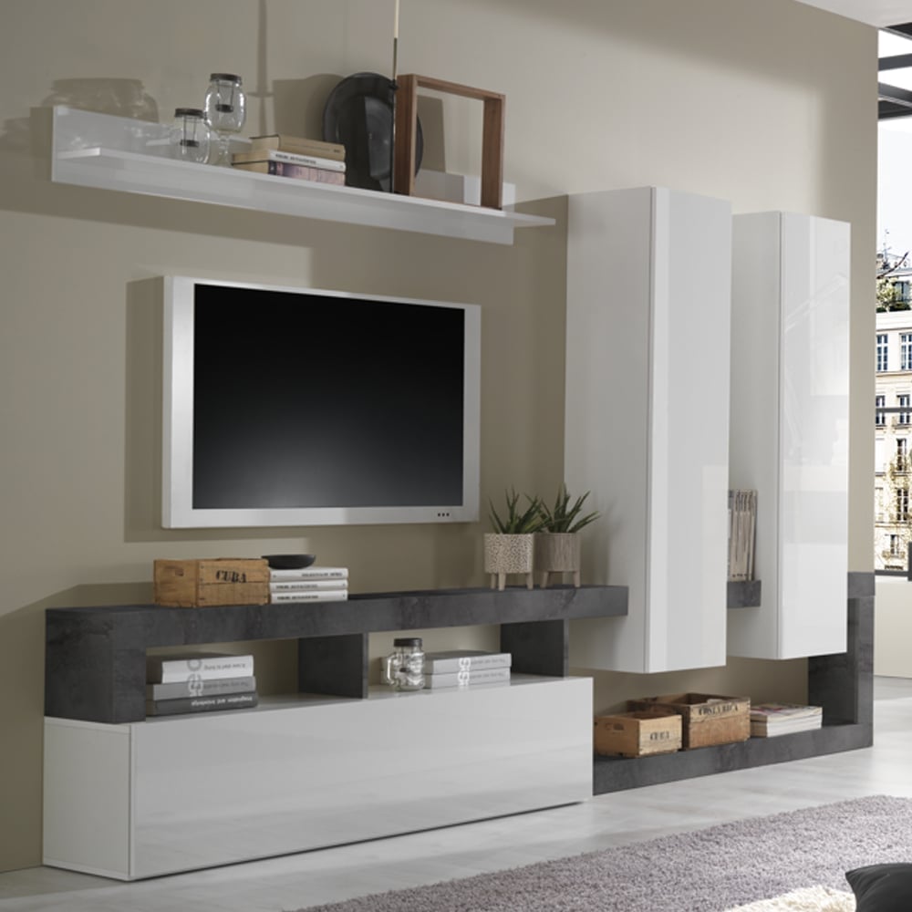 Hanmer Large White Gloss Entertainment Wall Unit In Oxide