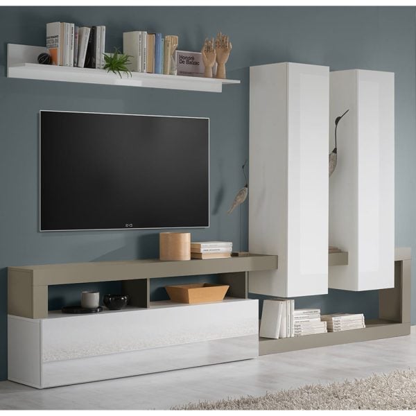 Hanmer Large White Gloss Entertainment Wall Unit In Pewter | Bed Sava