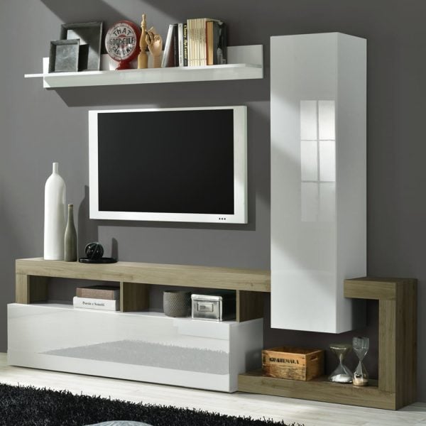 Hanmer Small White Gloss Entertainment Wall Unit In Cadiz Oak | Bed Sava