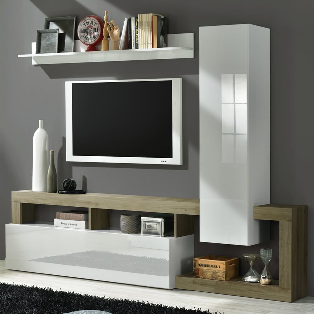 Hanmer Small White Gloss Entertainment Wall Unit In Cadiz Oak
