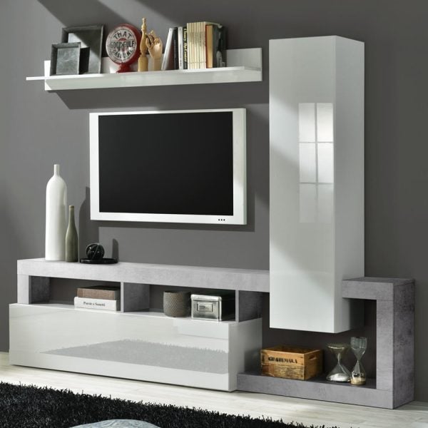 Hanmer Small White Gloss Entertainment Wall Unit In Cement | Bed Sava