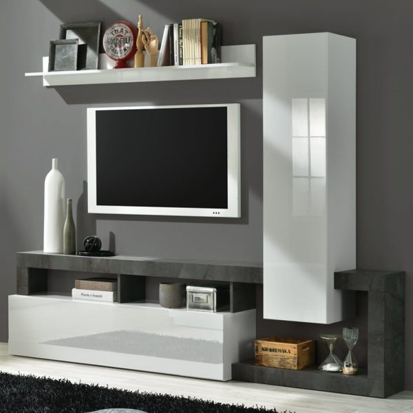 Hanmer Small White Gloss Entertainment Wall Unit In Oxide | Bed Sava
