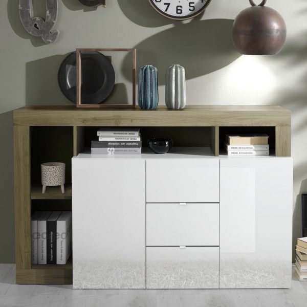Hanmer White Gloss Sideboard With 2 Doors 3 Drawers In Cadiz Oak | Bed Sava