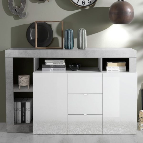 Hanmer White Gloss Sideboard With 2 Doors 3 Drawers In Cement | Bed Sava